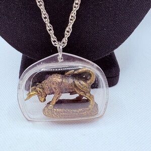 Vintage Thai Bull Amulet In Case 24” Silvertone Chain Monk LP Kalong Talisman